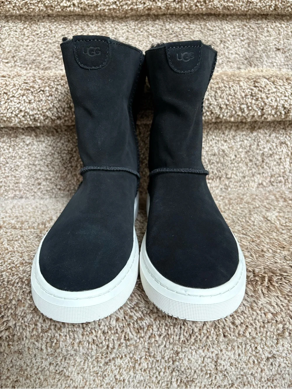 UGG Alameda Women’s Mid-Calf Black Suede Shearling Trim Boots.